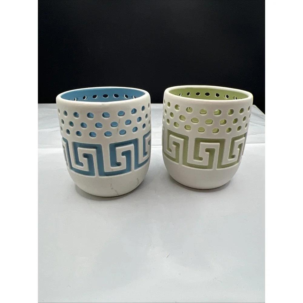 Pair AVON Spafinder Tealight Votive Candle Holders Blue & Green